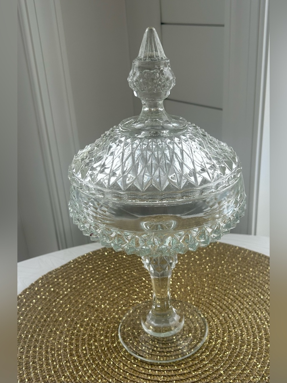 Vintage Indiana Glass Diamond Point Pedestal Candy Dish/Compote With Lid